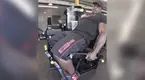 Former Mr. Olympia Brandon Curry doing a leg workout using a leg extension exercise with an ankle injury