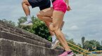 Fit couple running the 15 minute outdoors stair workout