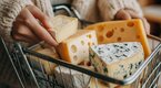 Various artisan cheese in a mini-shopping cart