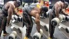 Brandon Curry performing 200lbs dumbbell rows as part of his Arnold 2025 training